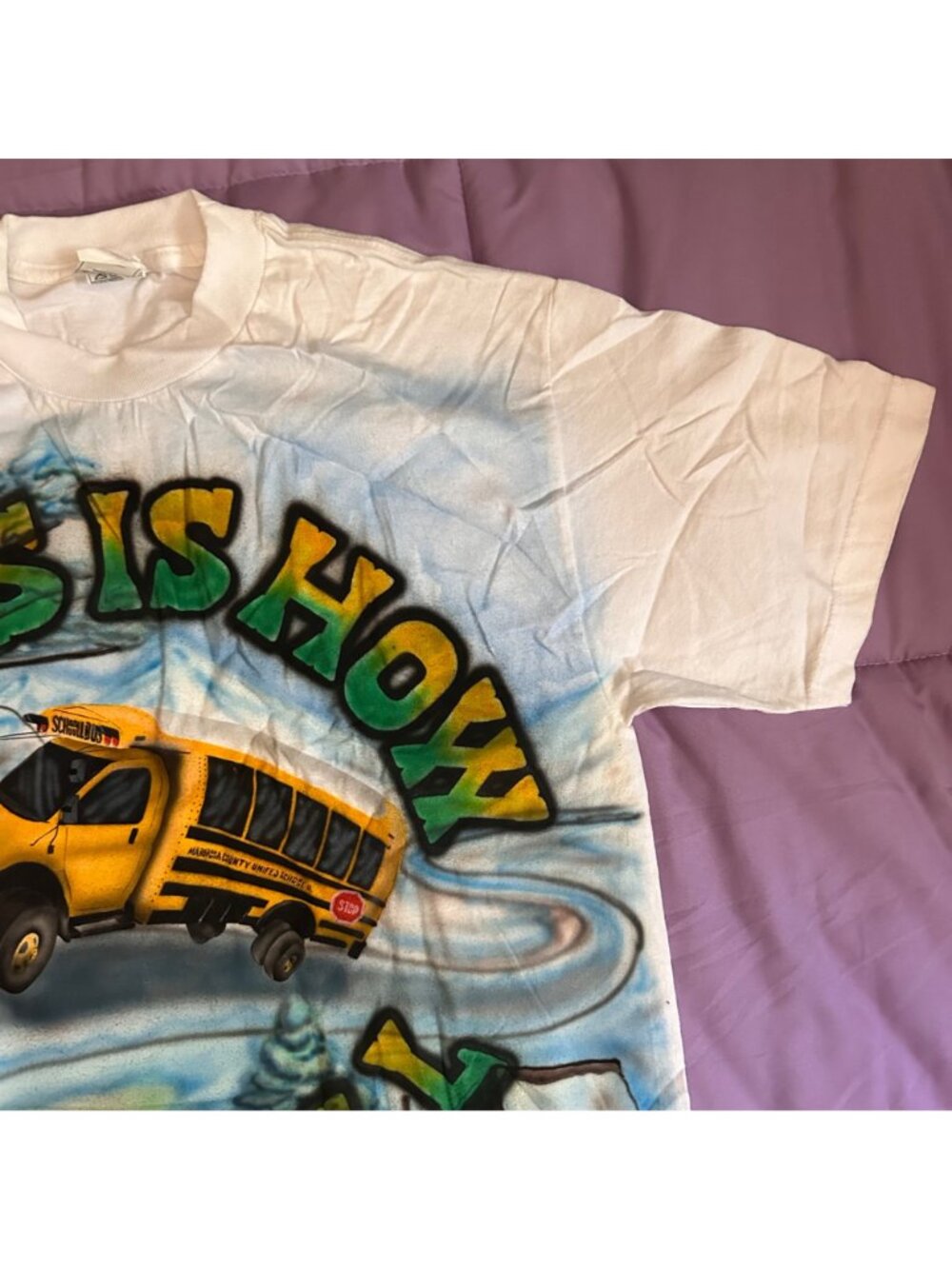 This Is How We Roll Airbrushed Mariposa School Bus Graphic T-Shirt Large Alstyle - Picture 5 of 14